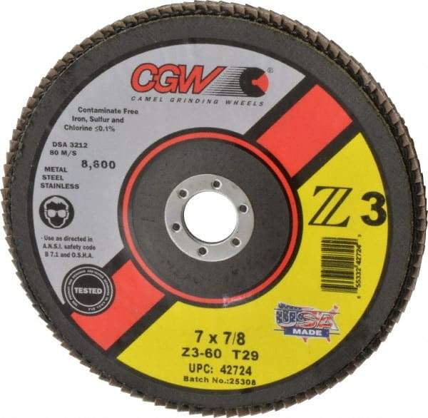 Camel Grinding Wheels - 60 Grit, 7" Disc Diam, 7/8" Center Hole, Type 29 Zirconia Alumina Flap Disc - 8,600 Max RPM, Poly Cotton Backing, Arbor Attaching System, Coated - Apex Tool & Supply