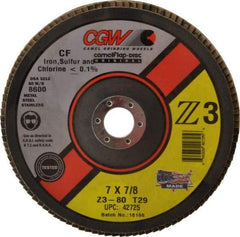 Camel Grinding Wheels - 80 Grit, 7" Disc Diam, 7/8" Center Hole, Type 29 Zirconia Alumina Flap Disc - 8,600 Max RPM, Poly Cotton Backing, Arbor Attaching System, Coated - Apex Tool & Supply