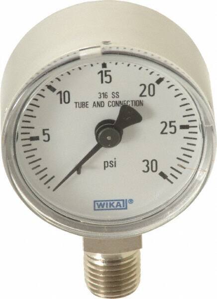 Wika - 2" Dial, 1/4 Thread, 0-30 Scale Range, Pressure Gauge - Lower Connection Mount, Accurate to 2.5% of Scale - Apex Tool & Supply