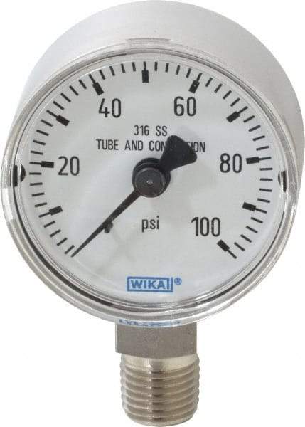 Wika - 2" Dial, 1/4 Thread, 0-100 Scale Range, Pressure Gauge - Lower Connection Mount, Accurate to 2.5% of Scale - Apex Tool & Supply