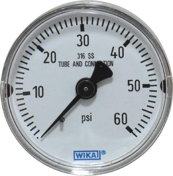 Wika - 2" Dial, 1/4 Thread, 0-60 Scale Range, Pressure Gauge - Center Back Connection Mount, Accurate to 2.5% of Scale - Apex Tool & Supply
