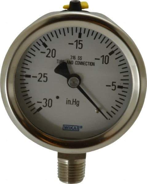 Wika - 2-1/2" Dial, 1/4 Thread, 30-0 Scale Range, Pressure Gauge - Lower Connection Mount, Accurate to 1.5% of Scale - Apex Tool & Supply