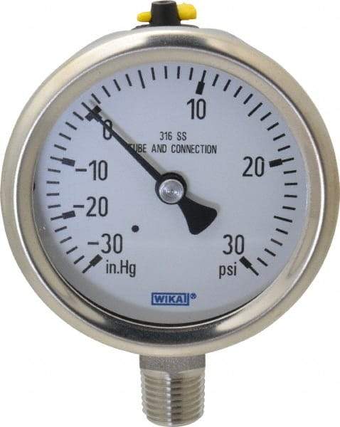 Wika - 2-1/2" Dial, 1/4 Thread, 30-0-30 Scale Range, Pressure Gauge - Lower Connection Mount, Accurate to 1.5% of Scale - Apex Tool & Supply