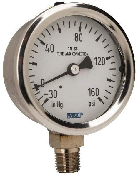 Wika - 2-1/2" Dial, 1/4 Thread, 30-0-160 Scale Range, Pressure Gauge - Lower Connection Mount, Accurate to 1.5% of Scale - Apex Tool & Supply