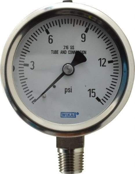 Wika - 2-1/2" Dial, 1/4 Thread, 0-15 Scale Range, Pressure Gauge - Lower Connection Mount, Accurate to 1.5% of Scale - Apex Tool & Supply