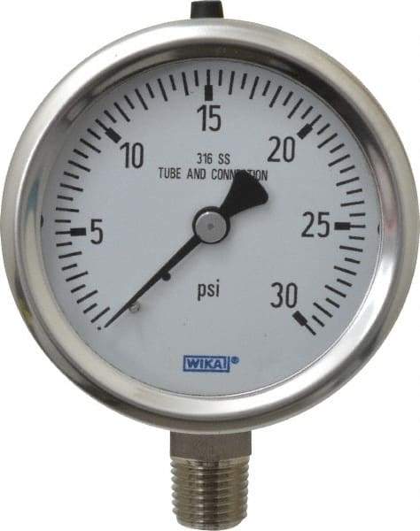Wika - 2-1/2" Dial, 1/4 Thread, 0-30 Scale Range, Pressure Gauge - Lower Connection Mount, Accurate to 1.5% of Scale - Apex Tool & Supply