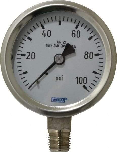 Wika - 2-1/2" Dial, 1/4 Thread, 0-100 Scale Range, Pressure Gauge - Lower Connection Mount, Accurate to 1.5% of Scale - Apex Tool & Supply