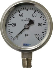 Wika - 2-1/2" Dial, 1/4 Thread, 0-100 Scale Range, Pressure Gauge - Lower Connection Mount, Accurate to 1.5% of Scale - Apex Tool & Supply
