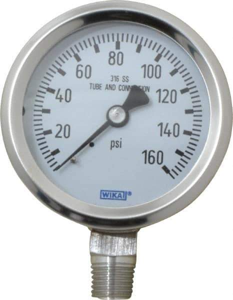 Wika - 2-1/2" Dial, 1/4 Thread, 0-160 Scale Range, Pressure Gauge - Lower Connection Mount, Accurate to 1.5% of Scale - Apex Tool & Supply