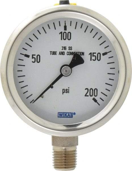 Wika - 2-1/2" Dial, 1/4 Thread, 0-200 Scale Range, Pressure Gauge - Lower Connection Mount, Accurate to 1.5% of Scale - Apex Tool & Supply