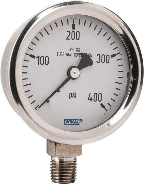 Wika - 2-1/2" Dial, 1/4 Thread, 0-400 Scale Range, Pressure Gauge - Lower Connection Mount, Accurate to 1.5% of Scale - Apex Tool & Supply