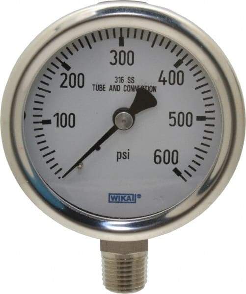 Wika - 2-1/2" Dial, 1/4 Thread, 0-600 Scale Range, Pressure Gauge - Lower Connection Mount, Accurate to 1.5% of Scale - Apex Tool & Supply
