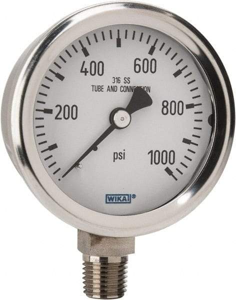 Wika - 2-1/2" Dial, 1/4 Thread, 0-1,000 Scale Range, Pressure Gauge - Lower Connection Mount, Accurate to 1.5% of Scale - Apex Tool & Supply