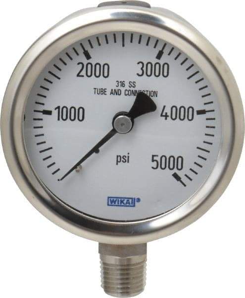 Wika - 2-1/2" Dial, 1/4 Thread, 0-5,000 Scale Range, Pressure Gauge - Lower Connection Mount, Accurate to 1.5% of Scale - Apex Tool & Supply