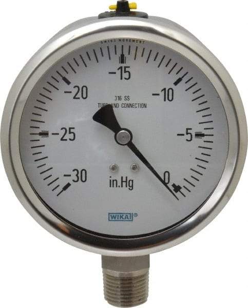 Wika - 4" Dial, 1/2 Thread, 30-0 Scale Range, Pressure Gauge - Lower Connection Mount, Accurate to 1% of Scale - Apex Tool & Supply