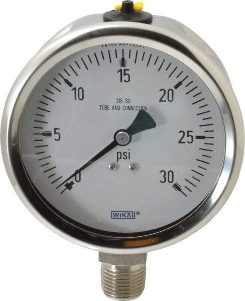 Wika - 4" Dial, 1/2 Thread, 0-30 Scale Range, Pressure Gauge - Lower Connection Mount, Accurate to 1% of Scale - Apex Tool & Supply