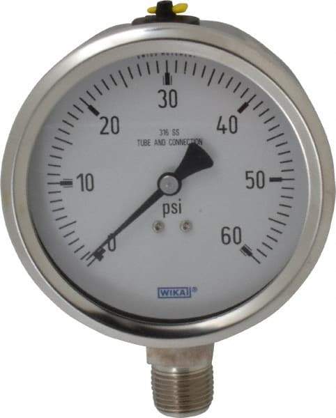 Wika - 4" Dial, 1/2 Thread, 0-60 Scale Range, Pressure Gauge - Lower Connection Mount, Accurate to 1% of Scale - Apex Tool & Supply