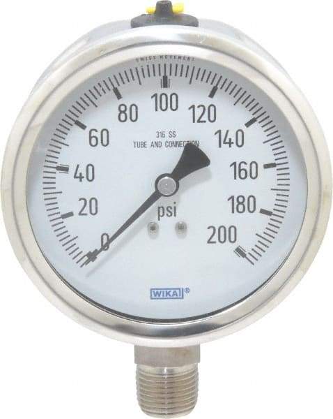 Wika - 4" Dial, 1/2 Thread, 0-200 Scale Range, Pressure Gauge - Lower Connection Mount, Accurate to 1% of Scale - Apex Tool & Supply