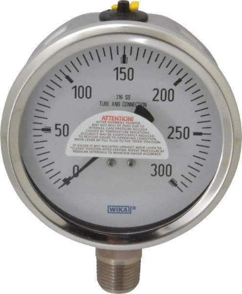 Wika - 4" Dial, 1/2 Thread, 0-300 Scale Range, Pressure Gauge - Lower Connection Mount, Accurate to 1% of Scale - Apex Tool & Supply