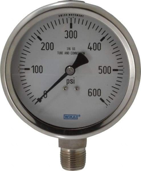 Wika - 4" Dial, 1/2 Thread, 0-600 Scale Range, Pressure Gauge - Lower Connection Mount, Accurate to 1% of Scale - Apex Tool & Supply