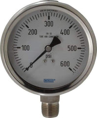 Wika - 4" Dial, 1/2 Thread, 0-600 Scale Range, Pressure Gauge - Lower Connection Mount, Accurate to 1% of Scale - Apex Tool & Supply