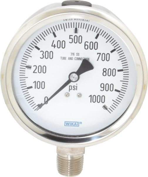 Wika - 4" Dial, 1/2 Thread, 0-1,000 Scale Range, Pressure Gauge - Lower Connection Mount, Accurate to 1% of Scale - Apex Tool & Supply