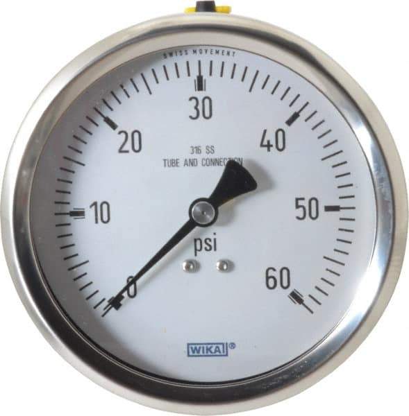 Wika - 4" Dial, 1/2 Thread, 0-60 Scale Range, Pressure Gauge - Lower Back Connection Mount, Accurate to 1% of Scale - Apex Tool & Supply