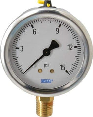 Wika - 2-1/2" Dial, 1/4 Thread, 0-15 Scale Range, Pressure Gauge - Lower Connection Mount, Accurate to 1.5% of Scale - Apex Tool & Supply