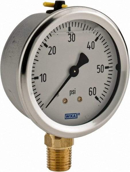 Wika - 2-1/2" Dial, 1/4 Thread, 0-60 Scale Range, Pressure Gauge - Lower Connection Mount, Accurate to 1.5% of Scale - Apex Tool & Supply