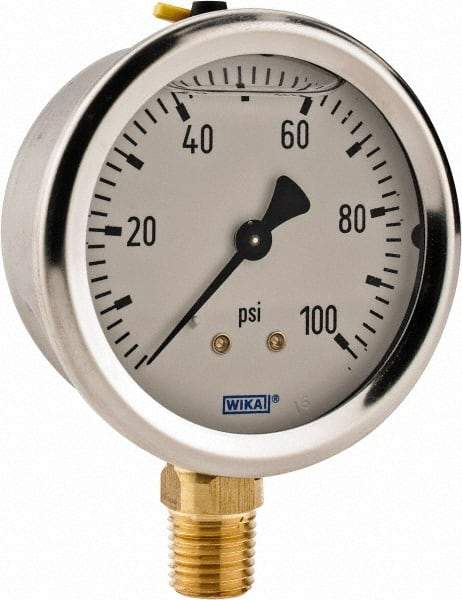 Wika - 2-1/2" Dial, 1/4 Thread, 0-100 Scale Range, Pressure Gauge - Lower Connection Mount, Accurate to 2-1-2% of Scale - Apex Tool & Supply