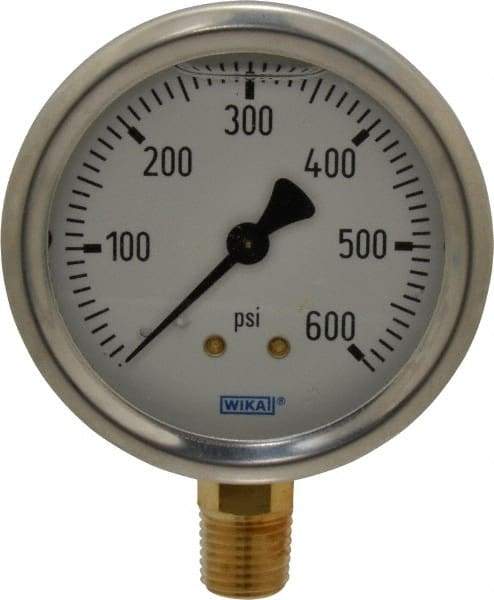 Wika - 2-1/2" Dial, 1/4 Thread, 0-600 Scale Range, Pressure Gauge - Lower Connection Mount, Accurate to 1.5% of Scale - Apex Tool & Supply