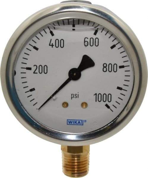 Wika - 2-1/2" Dial, 1/4 Thread, 0-1,000 Scale Range, Pressure Gauge - Lower Connection Mount, Accurate to 1.5% of Scale - Apex Tool & Supply
