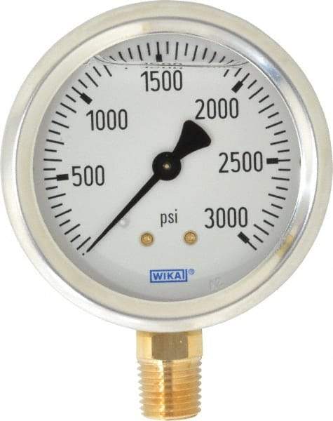 Wika - 2-1/2" Dial, 1/4 Thread, 0-3,000 Scale Range, Pressure Gauge - Lower Connection Mount, Accurate to 1.5% of Scale - Apex Tool & Supply
