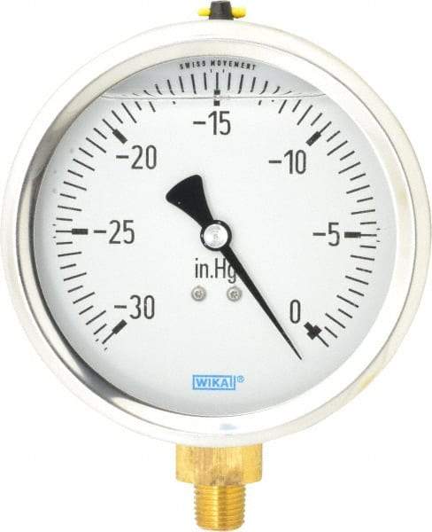 Wika - 4" Dial, 1/4 Thread, 30-0 Scale Range, Pressure Gauge - Lower Connection Mount, Accurate to 1% of Scale - Apex Tool & Supply