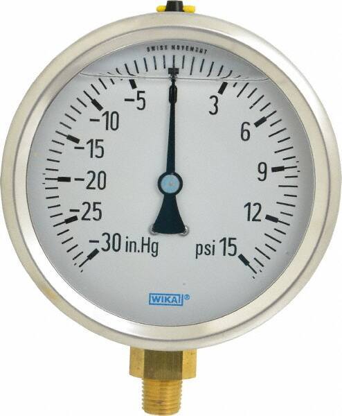 Wika - 4" Dial, 1/4 Thread, 30-0-15 Scale Range, Pressure Gauge - Lower Connection Mount, Accurate to 1% of Scale - Apex Tool & Supply