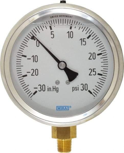 Wika - 4" Dial, 1/4 Thread, 30-0-30 Scale Range, Pressure Gauge - Lower Connection Mount, Accurate to 1% of Scale - Apex Tool & Supply