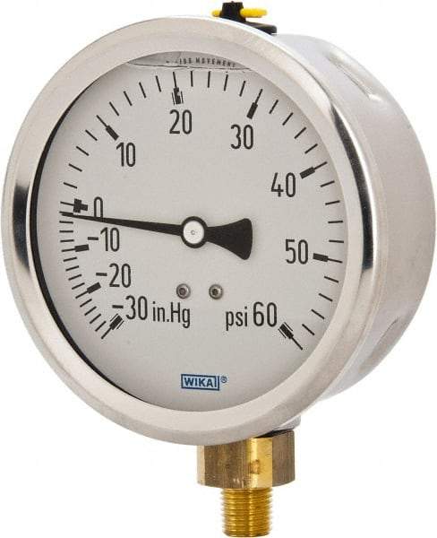 Wika - 4" Dial, 1/4 Thread, 30-0-60 Scale Range, Pressure Gauge - Lower Connection Mount, Accurate to 1% of Scale - Apex Tool & Supply