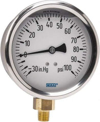 Wika - 4" Dial, 1/4 Thread, 30-0-100 Scale Range, Pressure Gauge - Lower Connection Mount, Accurate to 1% of Scale - Apex Tool & Supply