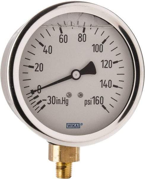 Wika - 4" Dial, 1/4 Thread, 30-0-160 Scale Range, Pressure Gauge - Lower Connection Mount, Accurate to 1% of Scale - Apex Tool & Supply