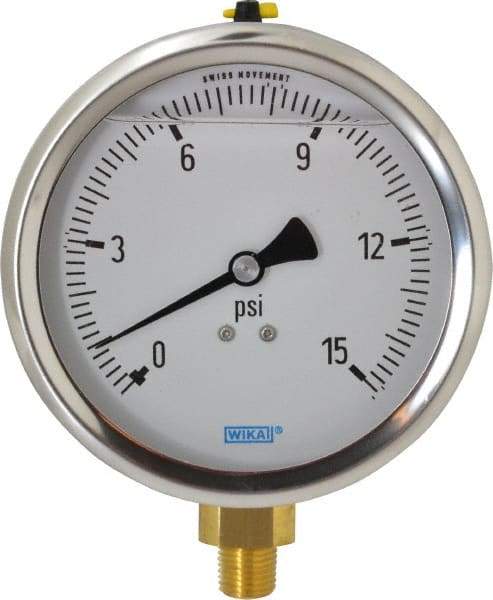 Wika - 4" Dial, 1/4 Thread, 0-15 Scale Range, Pressure Gauge - Lower Connection Mount, Accurate to 1% of Scale - Apex Tool & Supply