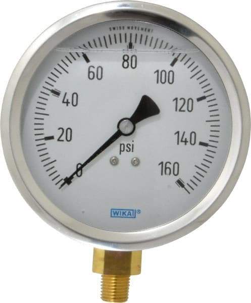 Wika - 4" Dial, 1/4 Thread, 0-160 Scale Range, Pressure Gauge - Lower Connection Mount, Accurate to 1% of Scale - Apex Tool & Supply