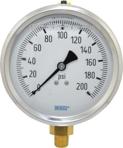 Wika - 4" Dial, 1/4 Thread, 0-200 Scale Range, Pressure Gauge - Lower Connection Mount, Accurate to 1% of Scale - Apex Tool & Supply