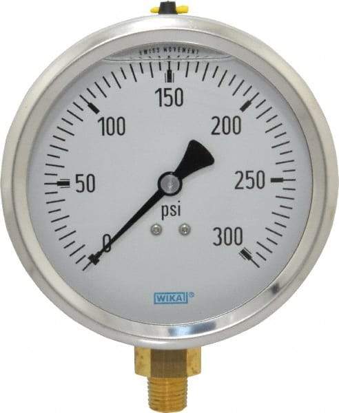Wika - 4" Dial, 1/4 Thread, 0-300 Scale Range, Pressure Gauge - Lower Connection Mount, Accurate to 1% of Scale - Apex Tool & Supply