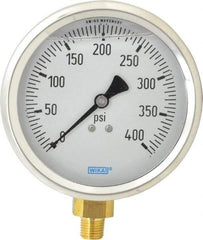 Wika - 4" Dial, 1/4 Thread, 0-400 Scale Range, Pressure Gauge - Lower Connection Mount, Accurate to 1% of Scale - Apex Tool & Supply