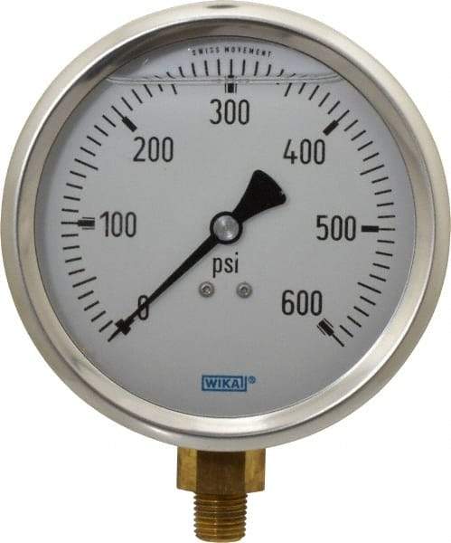 Wika - 4" Dial, 1/4 Thread, 0-600 Scale Range, Pressure Gauge - Lower Connection Mount, Accurate to 1% of Scale - Apex Tool & Supply