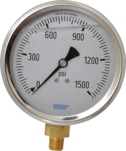Wika - 4" Dial, 1/4 Thread, 0-1,500 Scale Range, Pressure Gauge - Lower Connection Mount, Accurate to 1% of Scale - Apex Tool & Supply