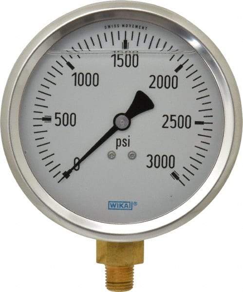 Wika - 4" Dial, 1/4 Thread, 0-3,000 Scale Range, Pressure Gauge - Lower Connection Mount, Accurate to 1% of Scale - Apex Tool & Supply