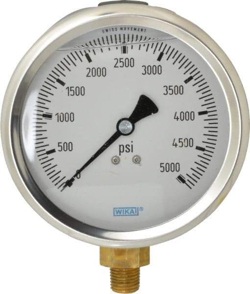 Wika - 4" Dial, 1/4 Thread, 0-5,000 Scale Range, Pressure Gauge - Lower Connection Mount, Accurate to 1% of Scale - Apex Tool & Supply