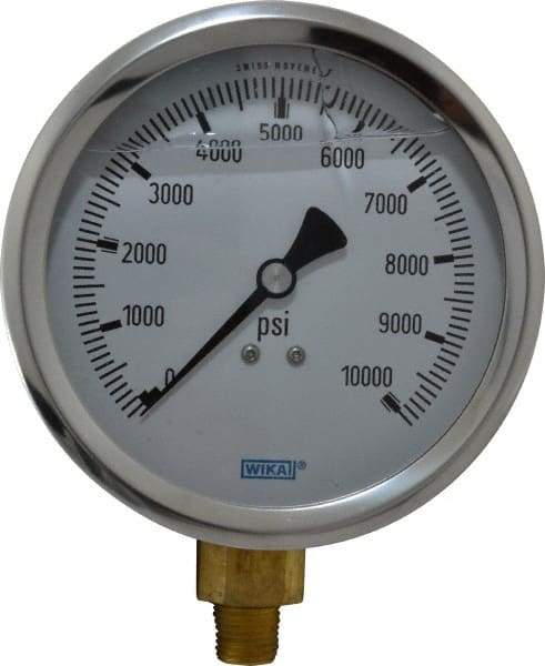 Wika - 4" Dial, 1/4 Thread, 0-10,000 Scale Range, Pressure Gauge - Lower Connection Mount, Accurate to 1% of Scale - Apex Tool & Supply
