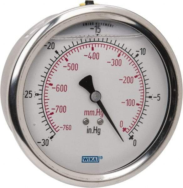 Wika - 4" Dial, 1/4 Thread, 30-0 Scale Range, Pressure Gauge - Lower Back Connection Mount, Accurate to 1% of Scale - Apex Tool & Supply